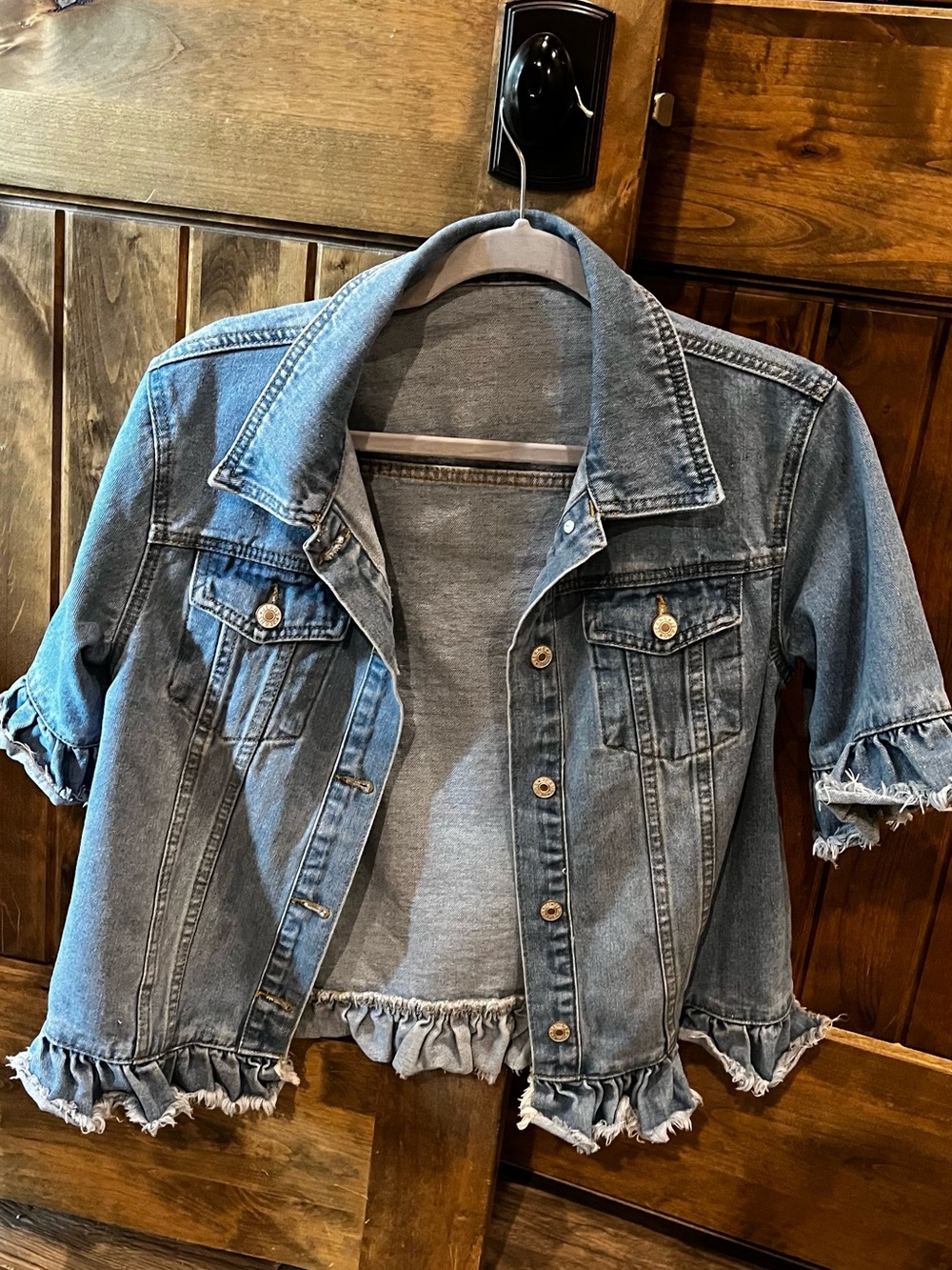 Light Blue Ruffle Hem Denim Jacket - Women
